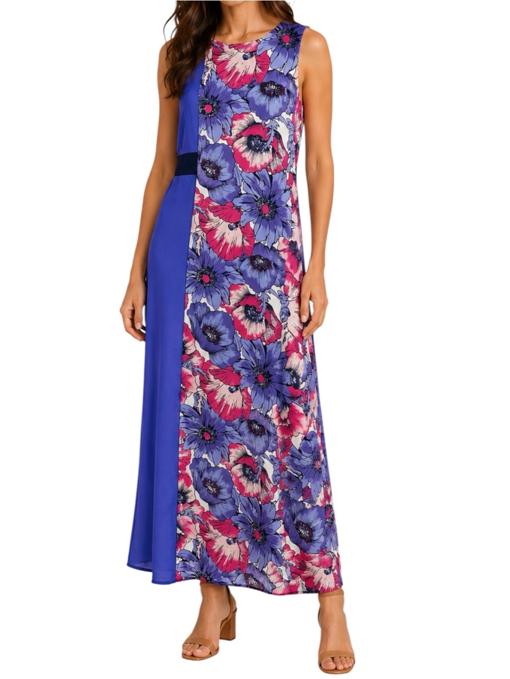 Marie Oliver Floral Colorblock Sleeveless Maxi Dress Purple Pink Blue